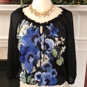 WHITE HOUSE BLACK MARKET SHEER LONG SLEEVE BLOUSE floral TOP